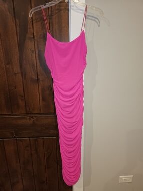 Worn Once - Spaghetti Strap Ruched Dress in Vibrant Pink